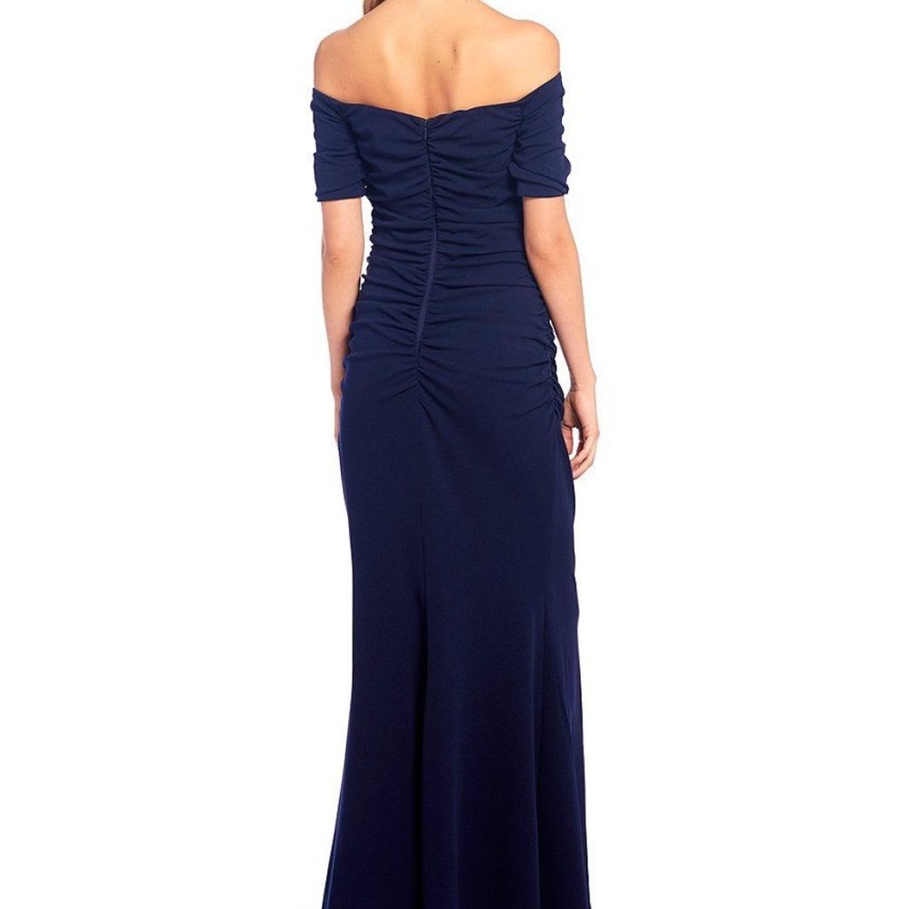 Badgley Mischka Off The Shoulder Navy Crepe Gown